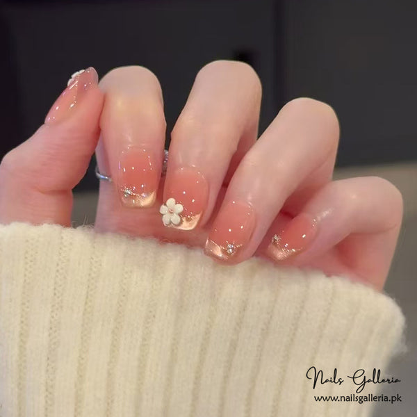 Soft Peach Press-On Nails with Floral Accents (24 Pcs) - Free Nail Kit Included