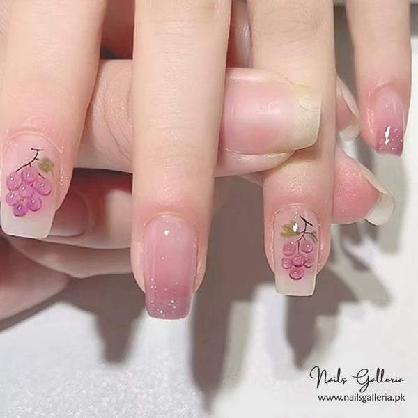 🍇 Soft Pink & Grape Press-On Nails (24 Pcs) - Free Nail Kit Included
