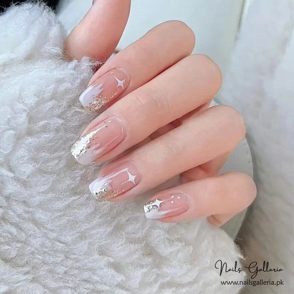 🌟 Starry Nude Elegance – Press-On Nails (24 Pcs) - Free Nail Kit Included