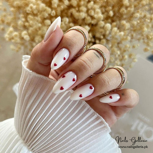 White Almond Nails with Mini Red Hearts (24 Pcs) - Free Nail Kit Included